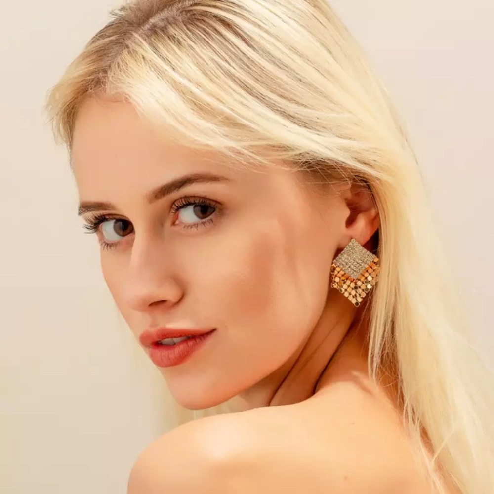 Micro-inlaid Copper Mesh Square Tassel Earrings
